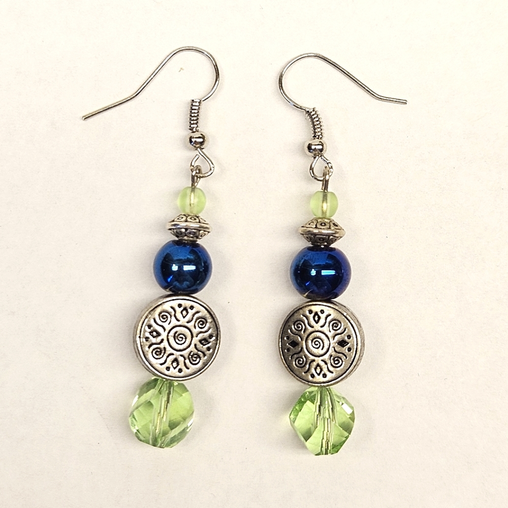 Handmade Earrings Green and Blue Glass Beaded Earrings